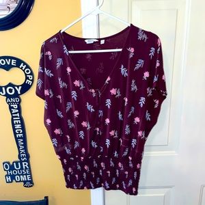 Reitman’s Burgundy Floral Top with shirred waist